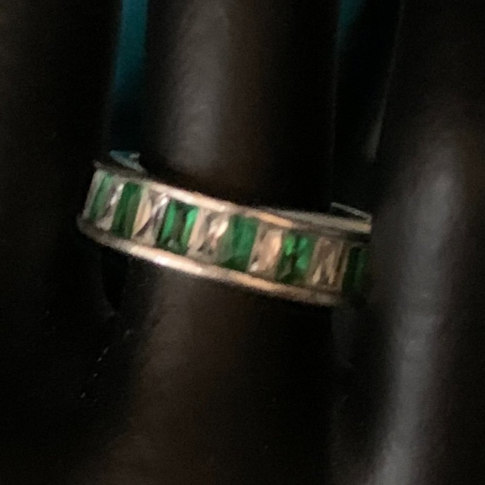 Emerald and Cubic Zirconia Eternity Silver Ring
